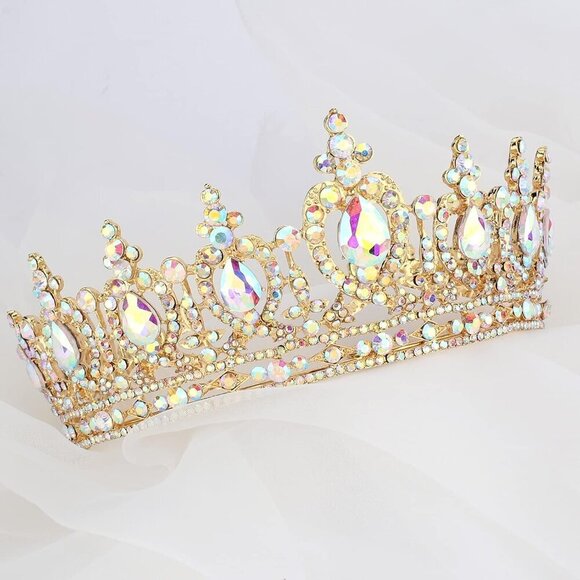 Gold Queen Crown Tiara Rhinestones Hair Accessories for Wedding Party Bride